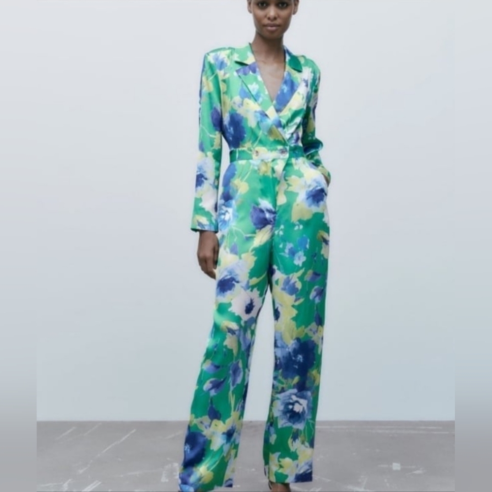 Zara Long Sleeve Green White Floral Jumpsuit New With Tags Size Medium